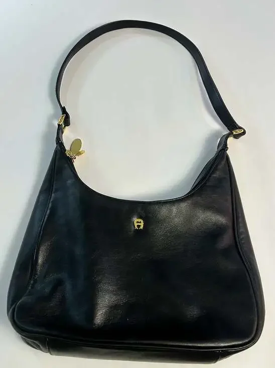 Vintage Etienne Aigner Black Genuine Leather Shoulder Bag with Gold Hardware - Picture 1 of 9
